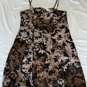Urban Outfitters Satin Print Jacquard Mini Dress Black and Gold